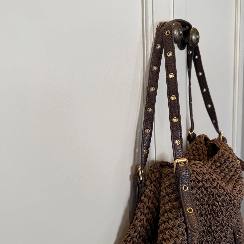 Lauren Ralph Lauren Brown Crochet Paper Straw Hobo Shoulder Bag Tote Large - Picture 3 of 13